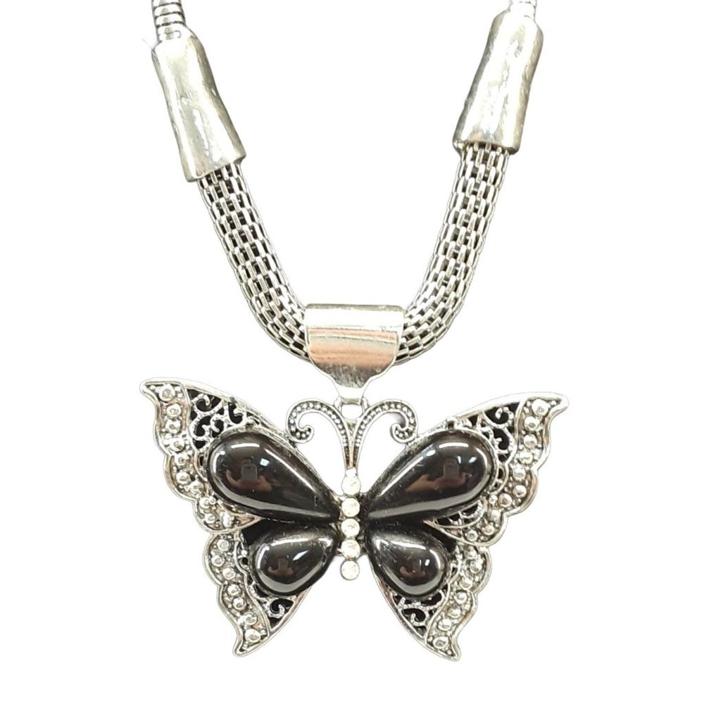 Butterfly Pendant Necklace Silver Tone Rhinestones Black Beads Rope Snake Chain